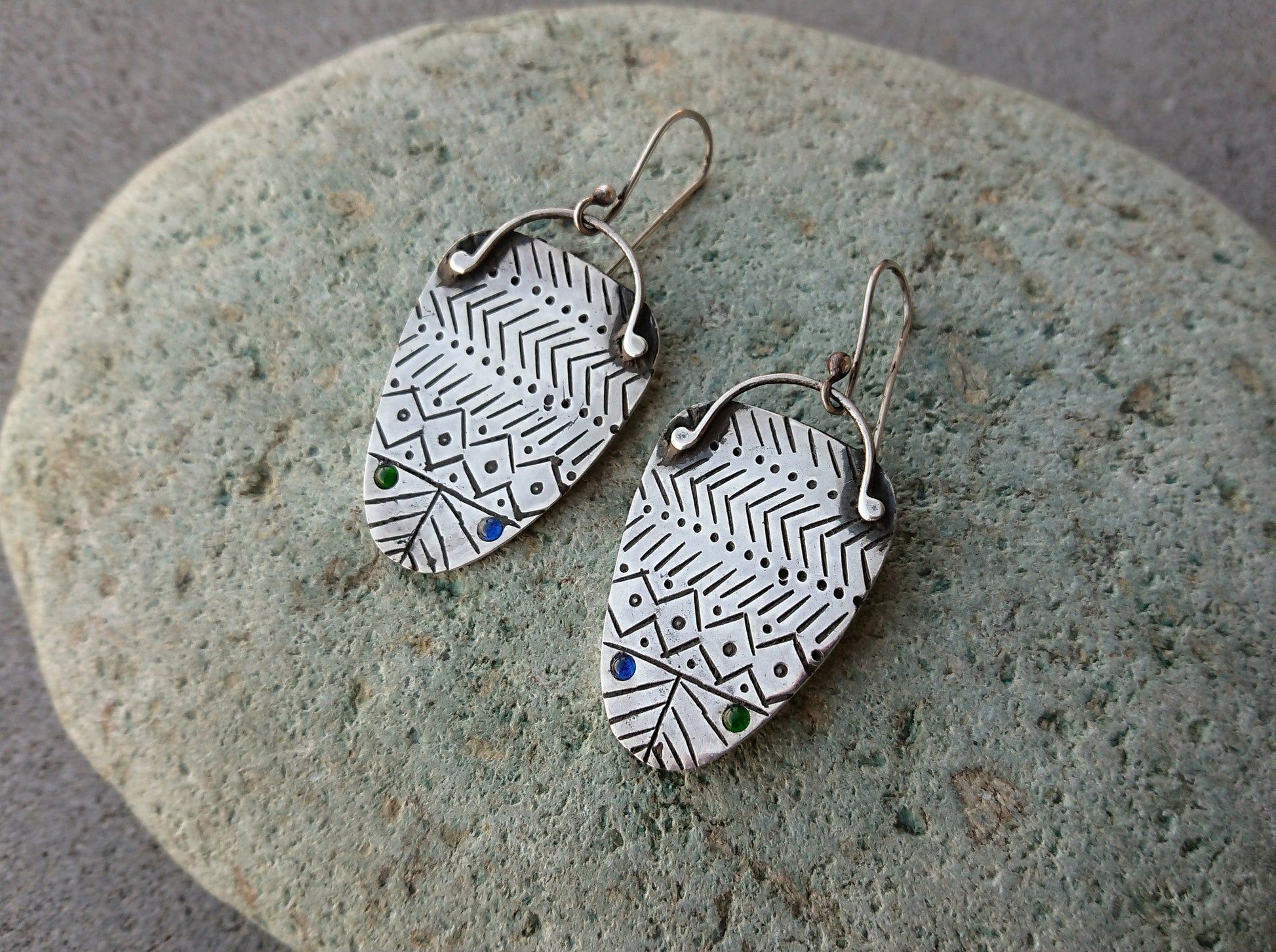 Sterling silver earrings with blue green tiny stones and oxidized stamping, artisan, everyday, unique, etnic, modern, urban, outstanding