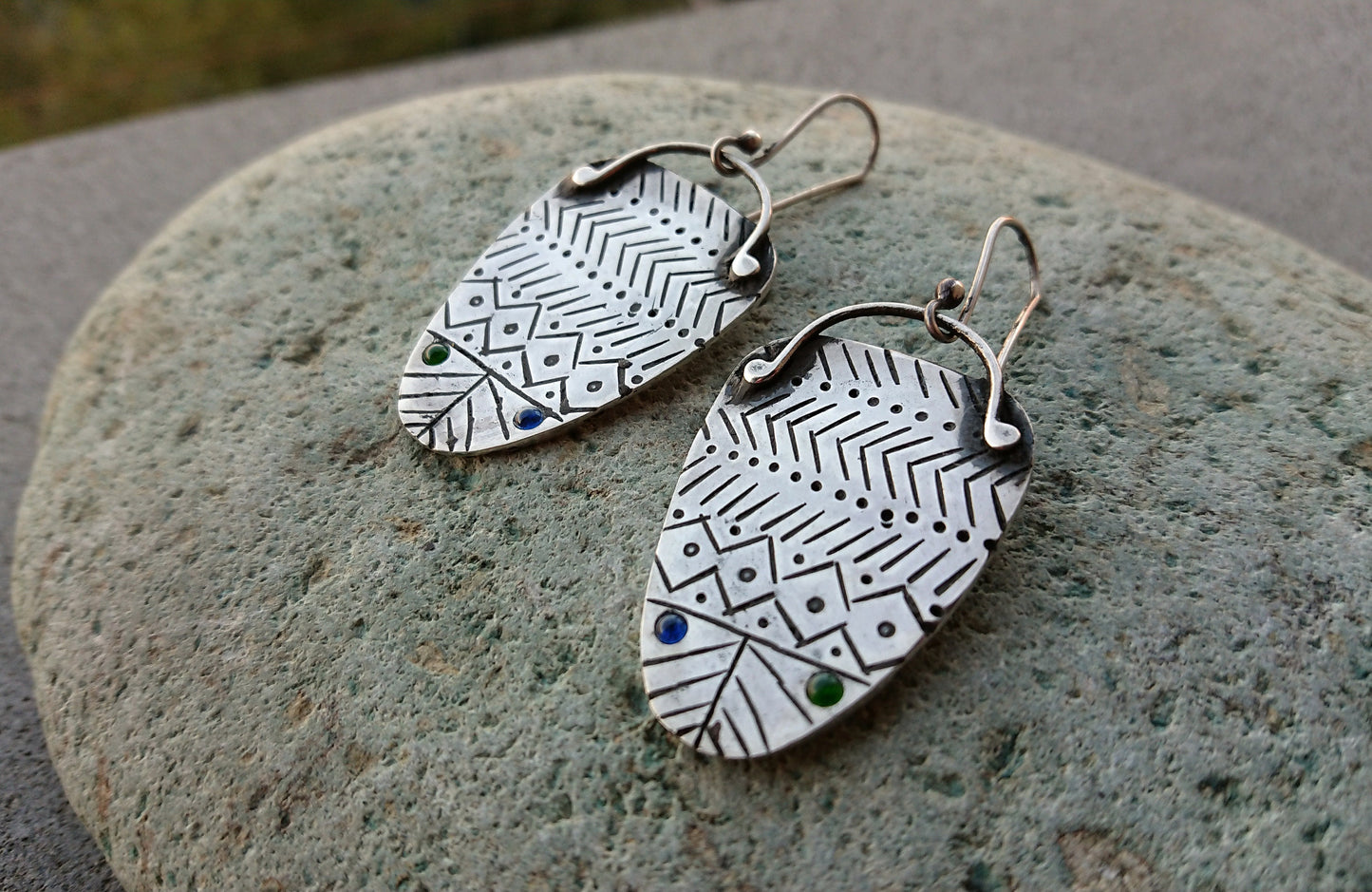 Sterling silver earrings with blue green tiny stones and oxidized stamping, artisan, everyday, unique, etnic, modern, urban, outstanding