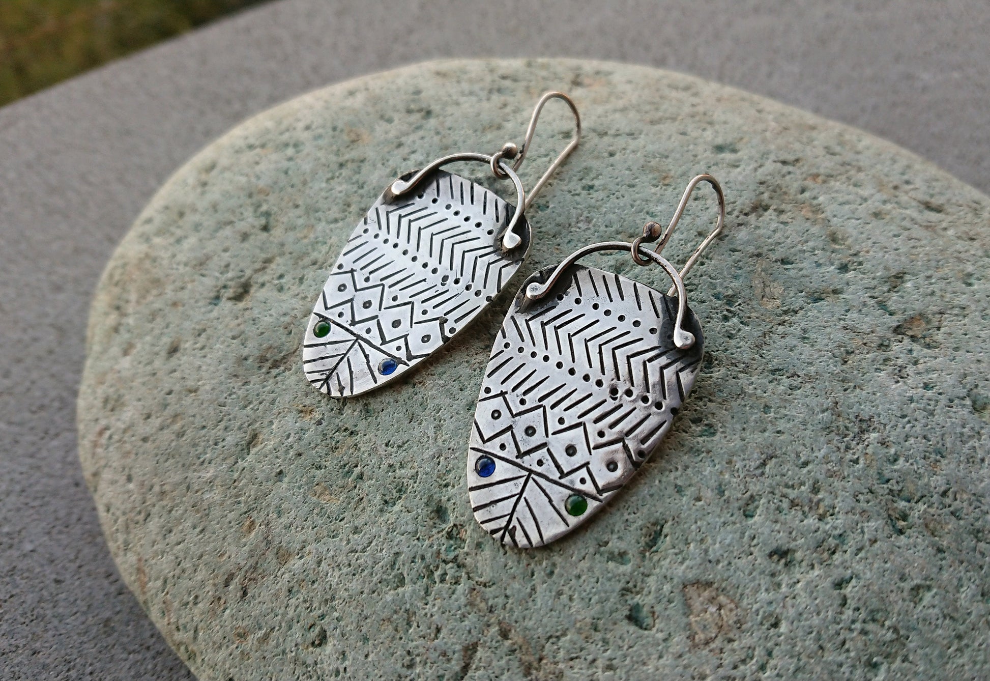 Sterling silver earrings with blue green tiny stones and oxidized stamping, artisan, everyday, unique, etnic, modern, urban, outstanding