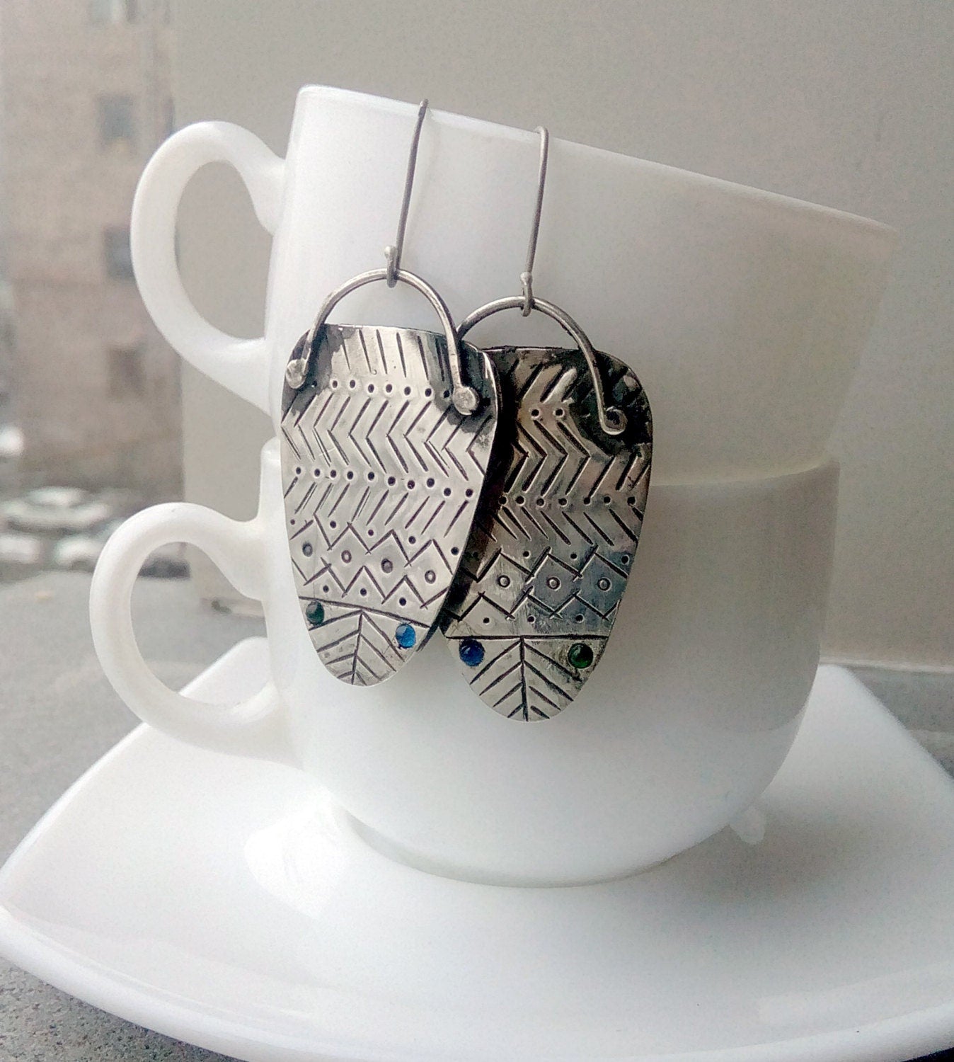 Sterling silver earrings with blue green tiny stones and oxidized stamping, artisan, everyday, unique, etnic, modern, urban, outstanding