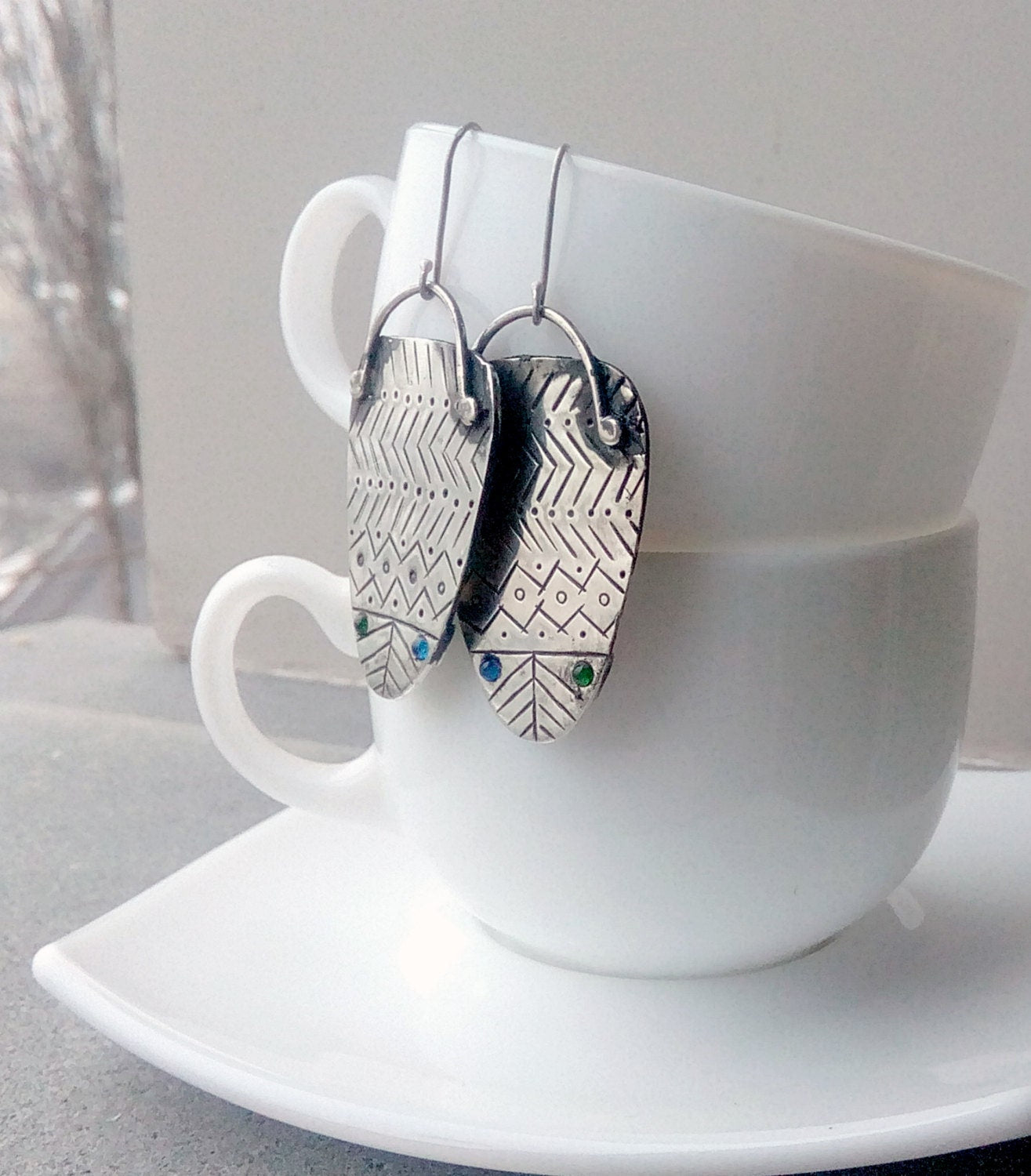 Sterling silver earrings with blue green tiny stones and oxidized stamping, artisan, everyday, unique, etnic, modern, urban, outstanding