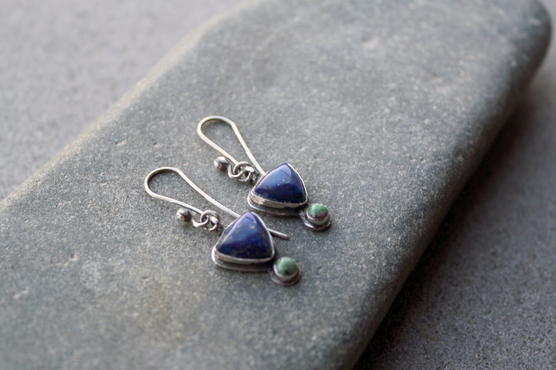 Silver earrings with blue and green gemstones, Armenian jewelry