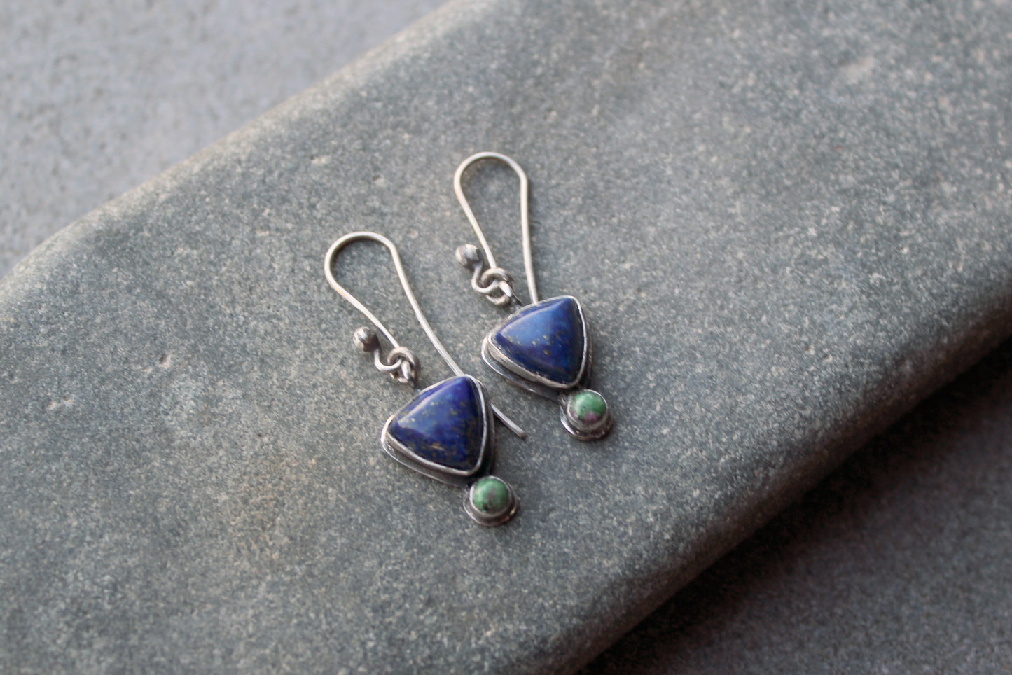 Silver earrings with blue and green gemstones, Armenian jewelry