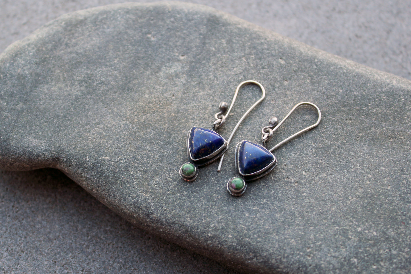 Silver earrings with blue and green gemstones, Armenian jewelry