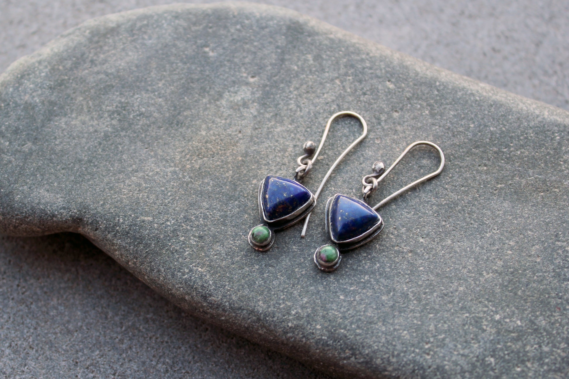 Silver earrings with blue and green gemstones, Armenian jewelry