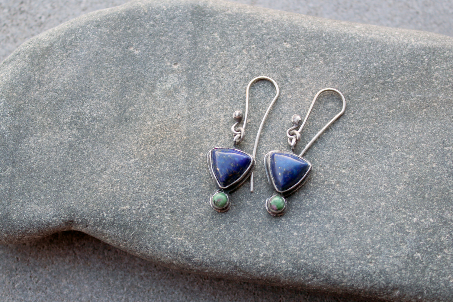 Silver earrings with blue and green gemstones, Armenian jewelry