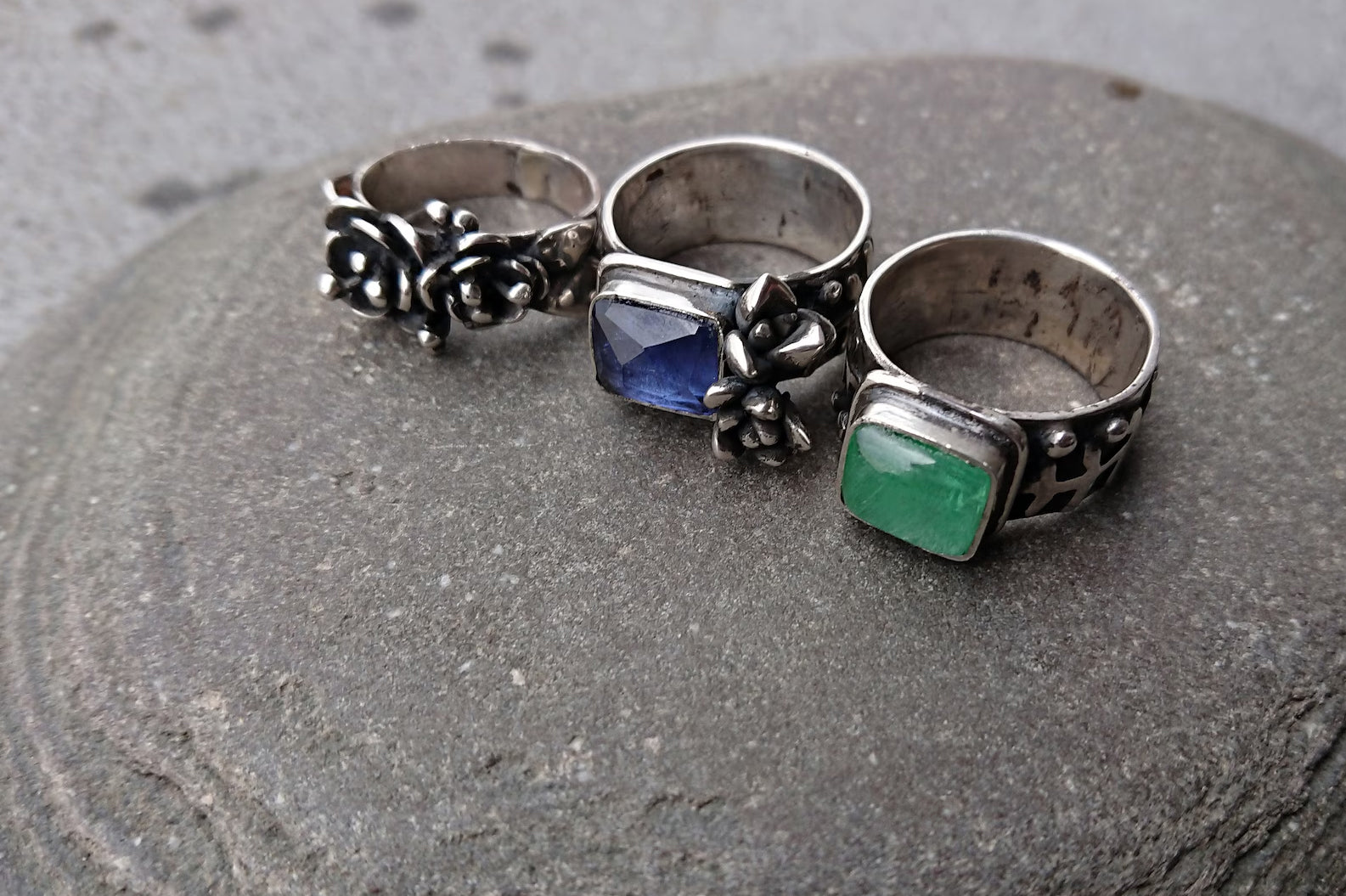 Artisan Armenian handmade sterling silver ring with rectangular lab-grown blue corundum gemstone, accented with organic twig textures and hand cast succulent details