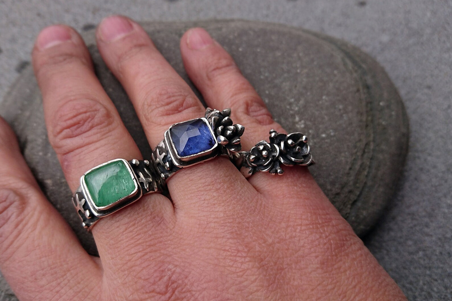 Artisan Armenian handmade sterling silver ring with rectangular lab-grown blue corundum gemstone, accented with organic twig textures and hand cast succulent details