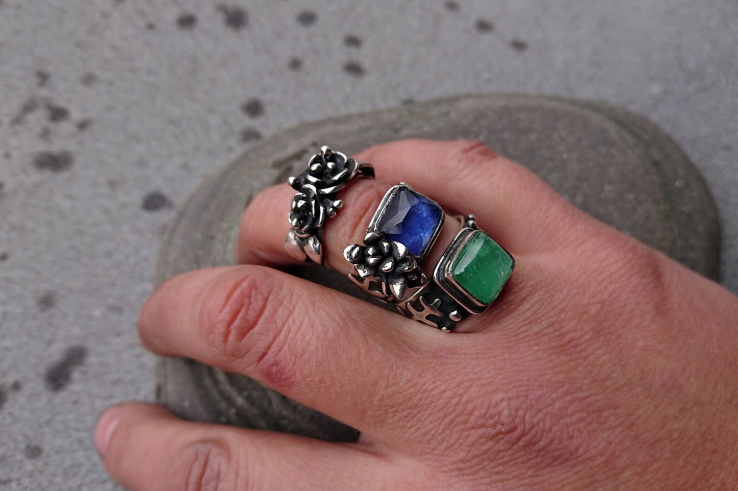 Artisan Armenian handmade sterling silver ring with rectangular lab-grown blue corundum gemstone, accented with organic twig textures and hand cast succulent details