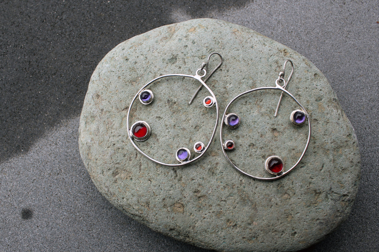 Armenian artisan handmade silver earrings with colorful stones in a minimalist big circle design