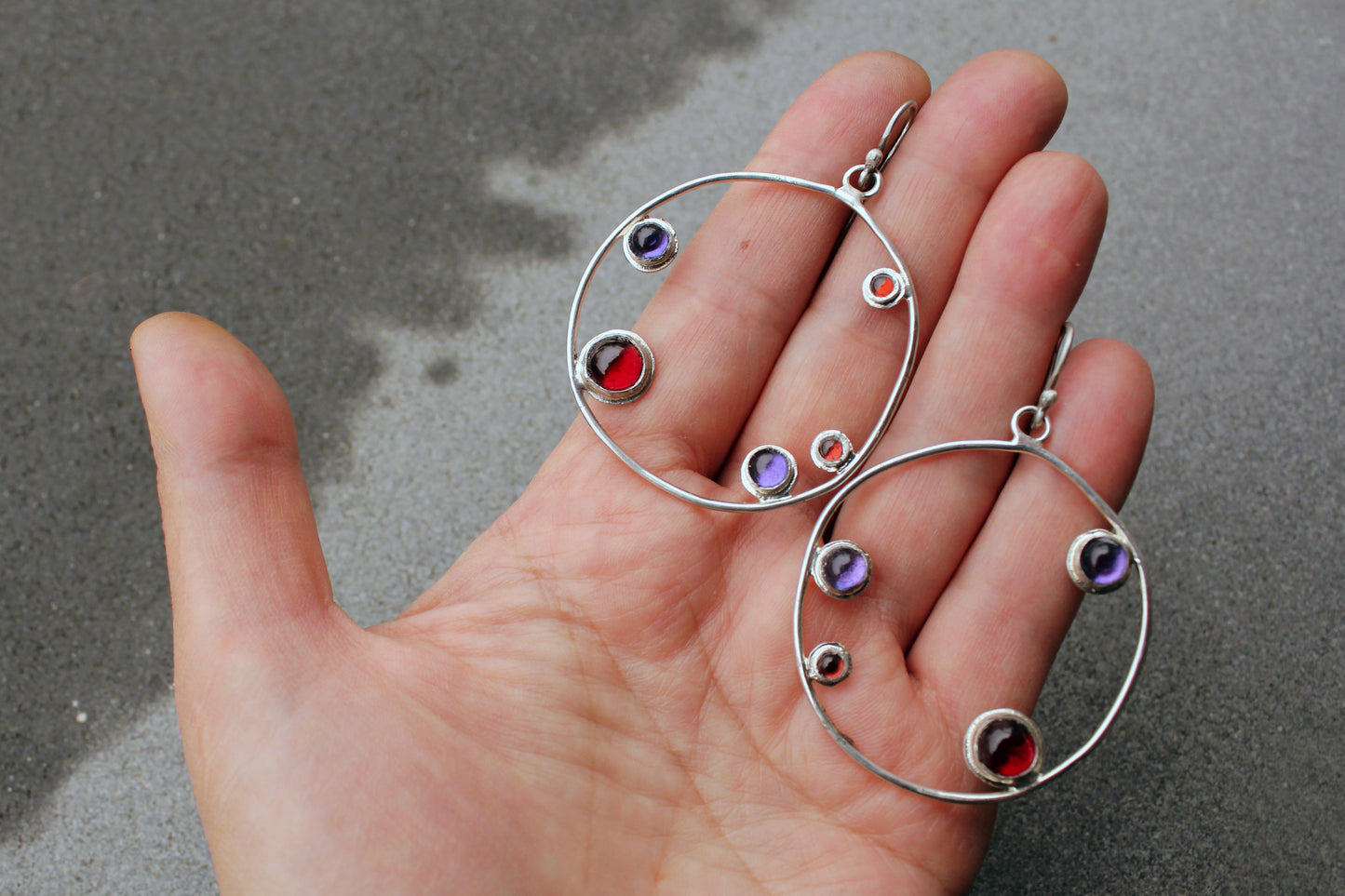 Armenian artisan handmade silver earrings with colorful stones in a minimalist big circle design