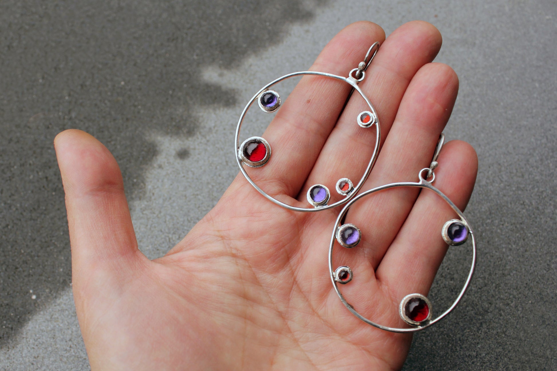 Armenian artisan handmade silver earrings with colorful stones in a minimalist big circle design