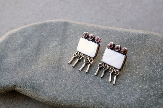 Armenian artisan handmade sterling silver stud earrings with square mother of pearl center, garnet stones and dangling fringe details