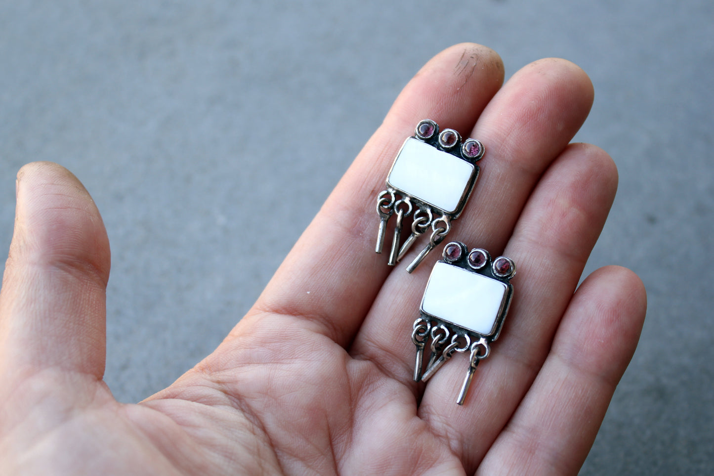 Armenian artisan handmade sterling silver stud earrings with square mother of pearl center, garnet stones and dangling fringe details