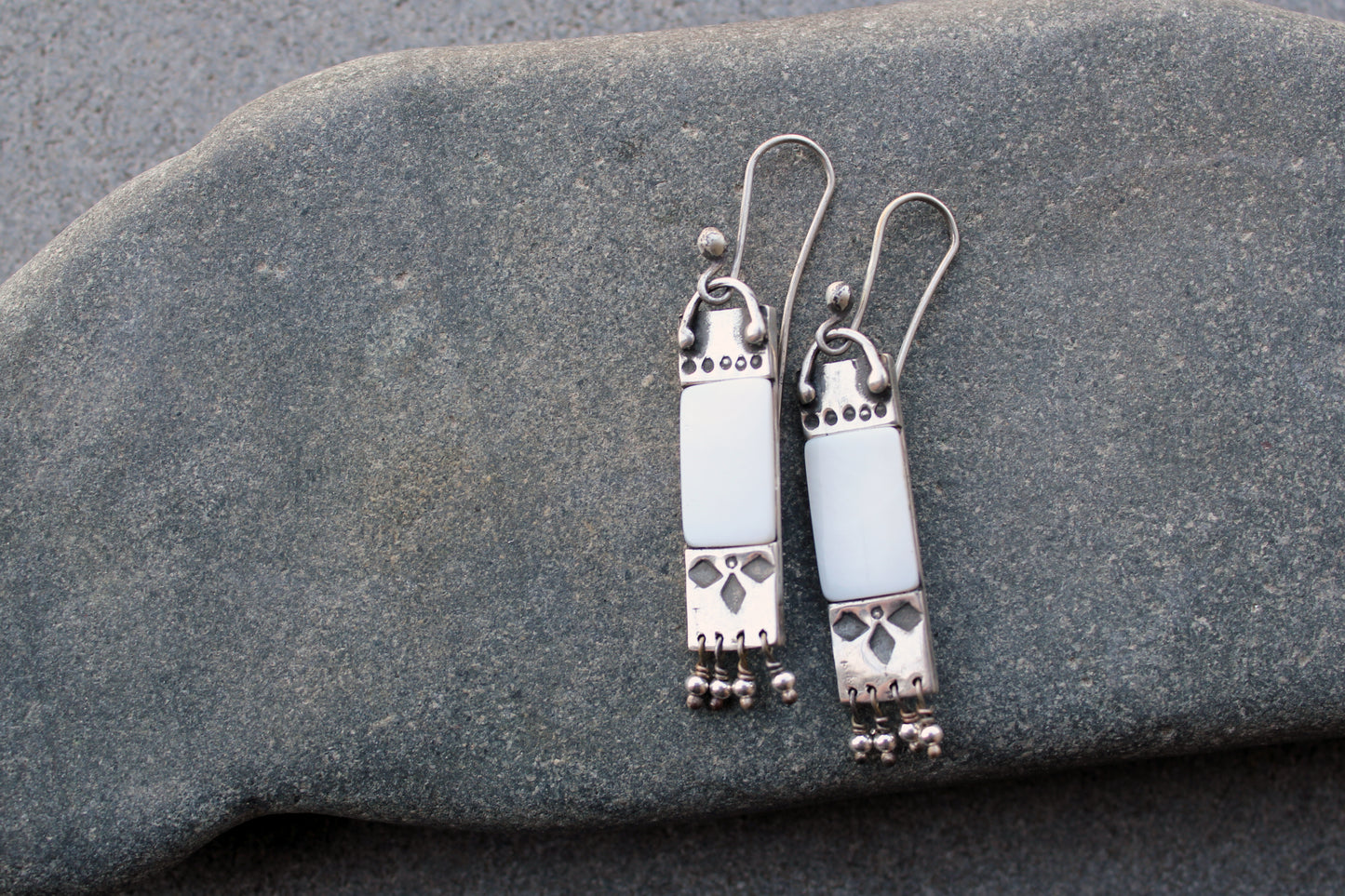 Armenian artisan handmade sterling silver and mother of pearl earrings with delicate silver bead fringe