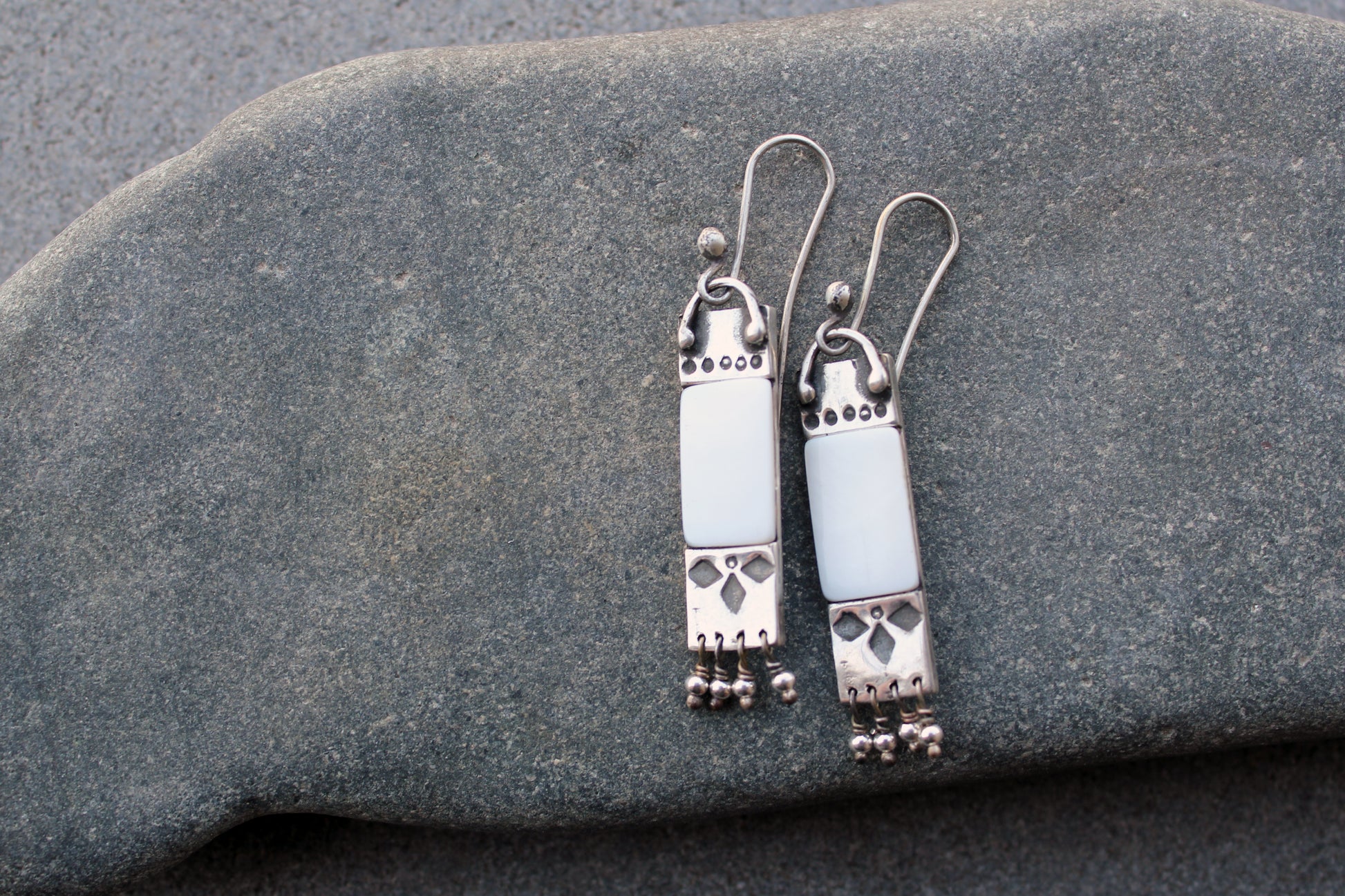 Armenian artisan handmade sterling silver and mother of pearl earrings with delicate silver bead fringe