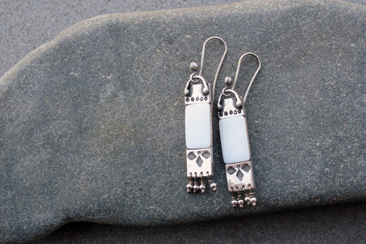 Armenian artisan handmade sterling silver and mother of pearl earrings with delicate silver bead fringe