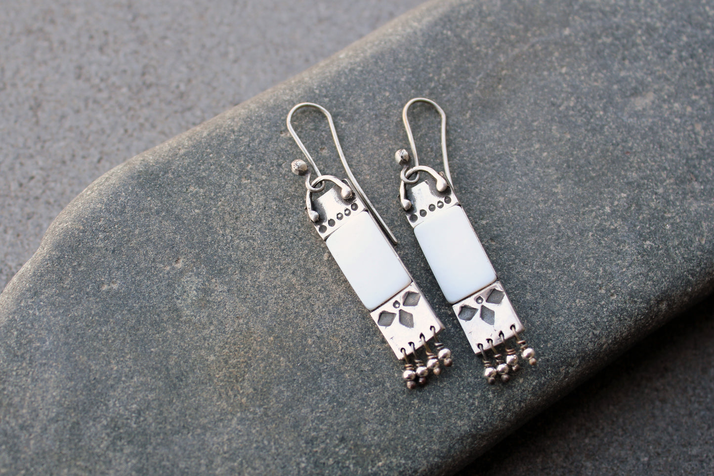 Armenian artisan handmade sterling silver and mother of pearl earrings with delicate silver bead fringe