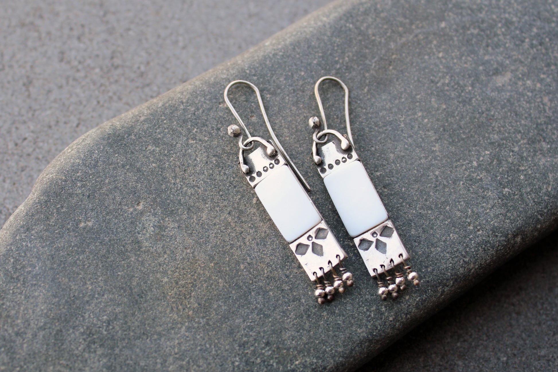 Armenian artisan handmade sterling silver and mother of pearl earrings with delicate silver bead fringe