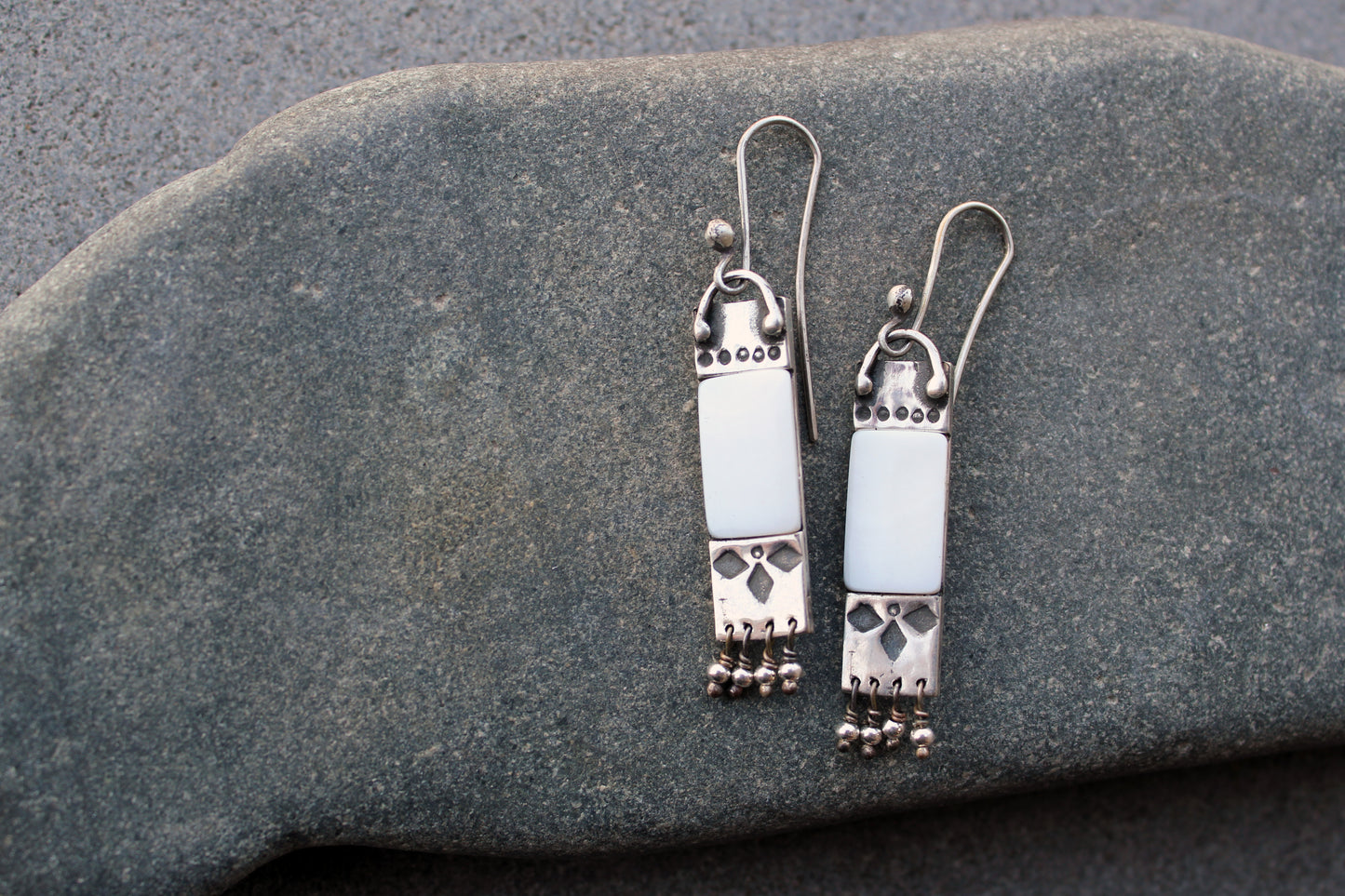 Armenian artisan handmade sterling silver and mother of pearl earrings with delicate silver bead fringe