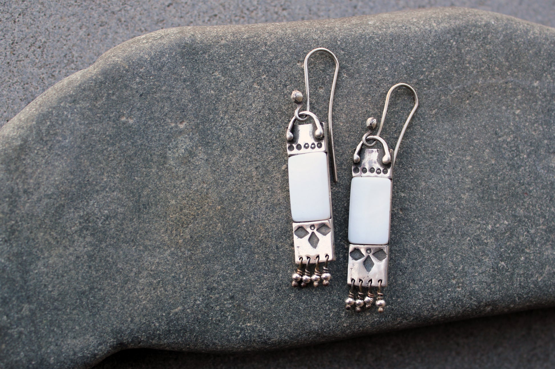 Armenian artisan handmade sterling silver and mother of pearl earrings with delicate silver bead fringe