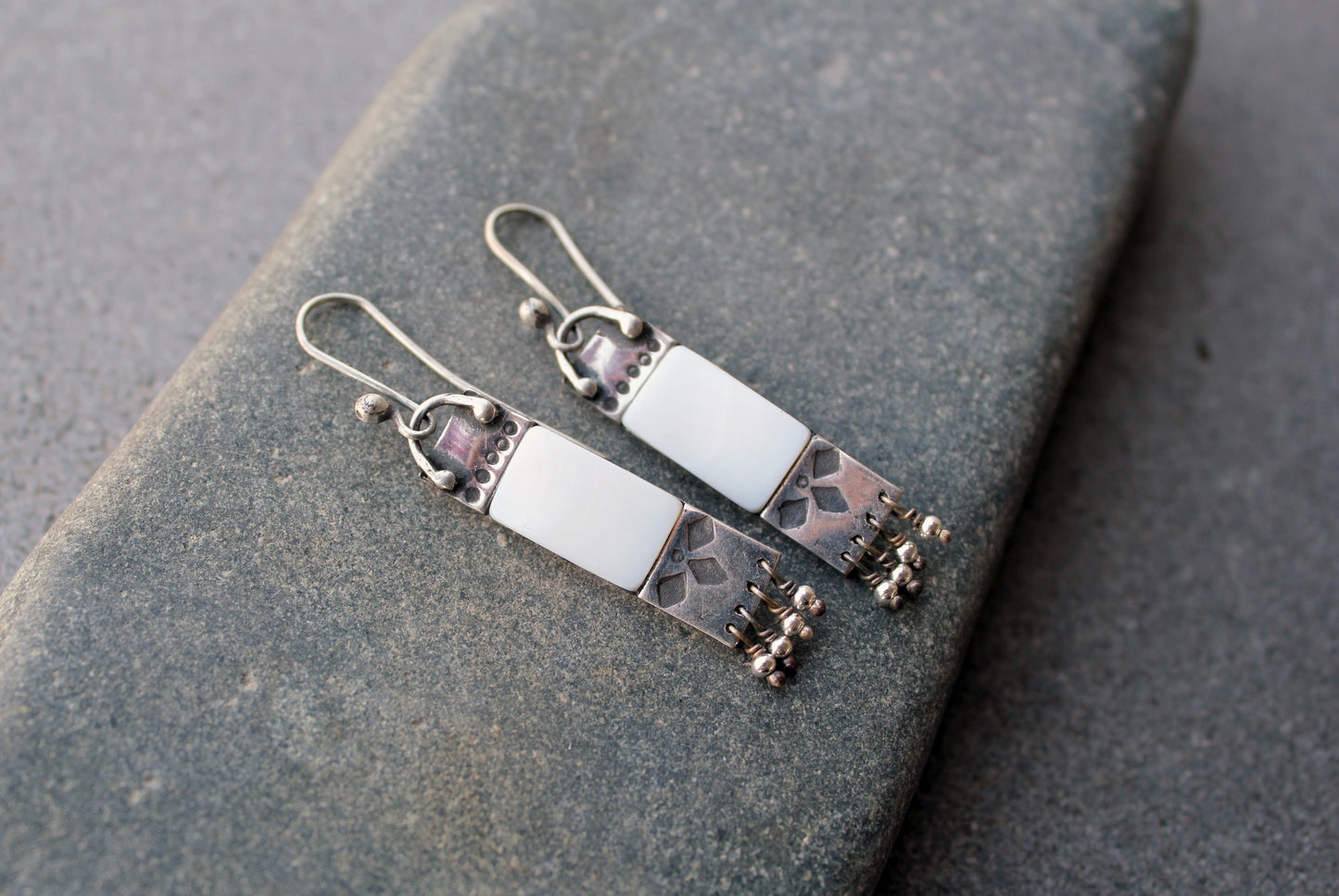 Armenian artisan handmade sterling silver and mother of pearl earrings with delicate silver bead fringe
