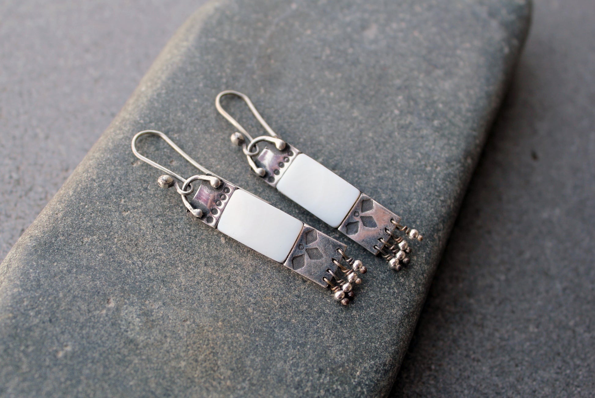 Armenian artisan handmade sterling silver and mother of pearl earrings with delicate silver bead fringe