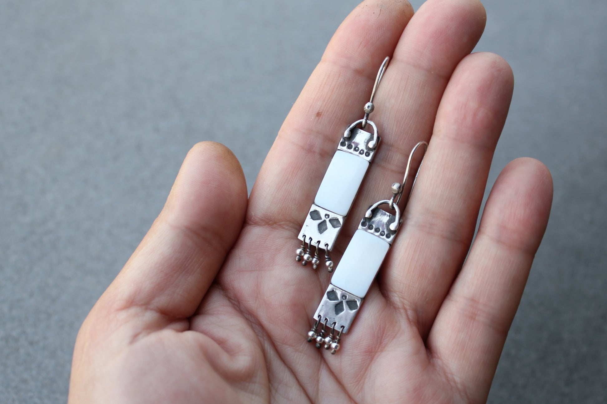 Armenian artisan handmade sterling silver and mother of pearl earrings with delicate silver bead fringe