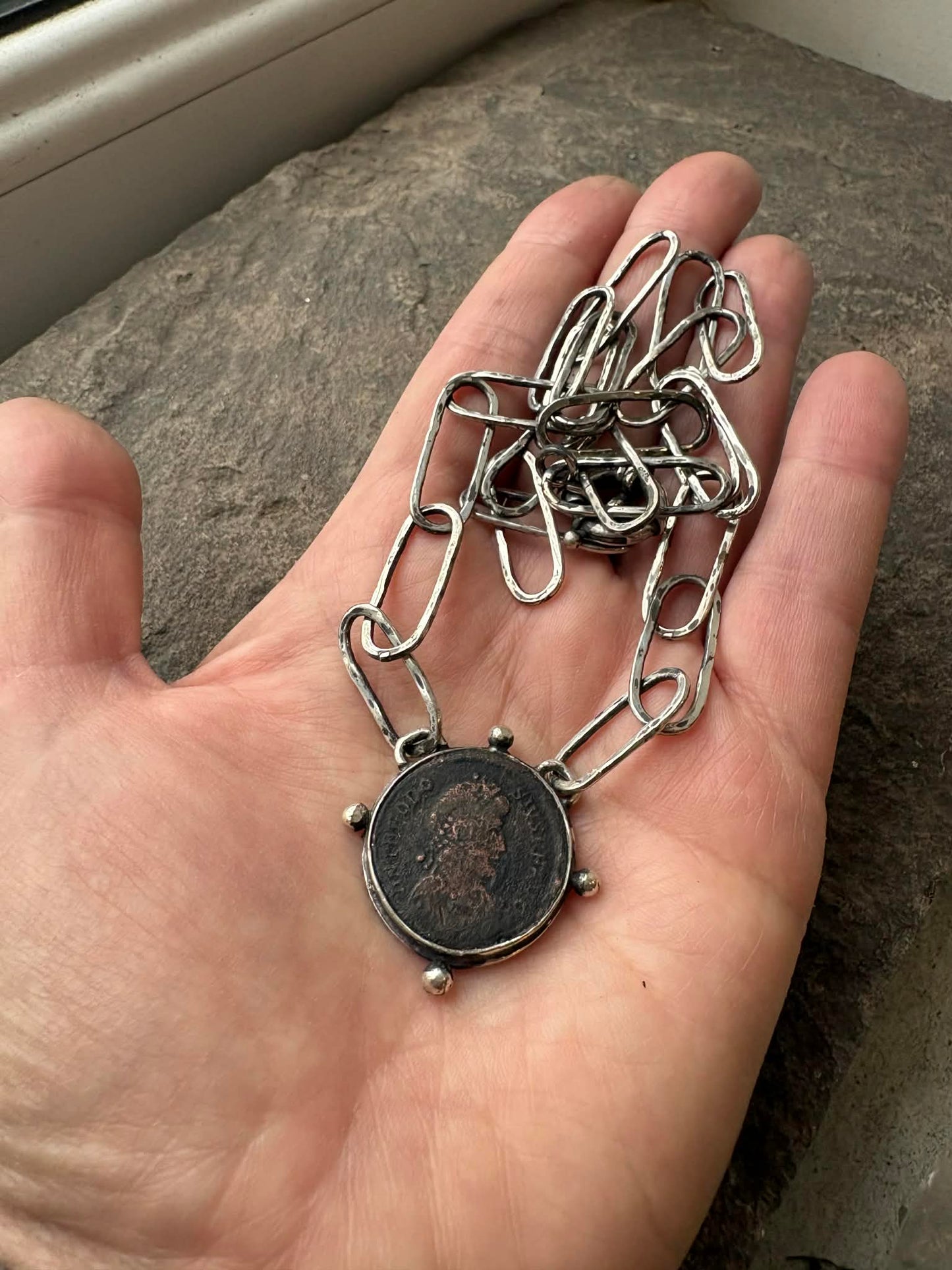 Sterling silver Armenian links necklace with old Roman coin