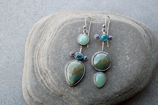 Asymmetrical long earrings Armenian sterling silver with natural jasper, green agate, blue apatite and lapis lazuli, artisan, silversmith