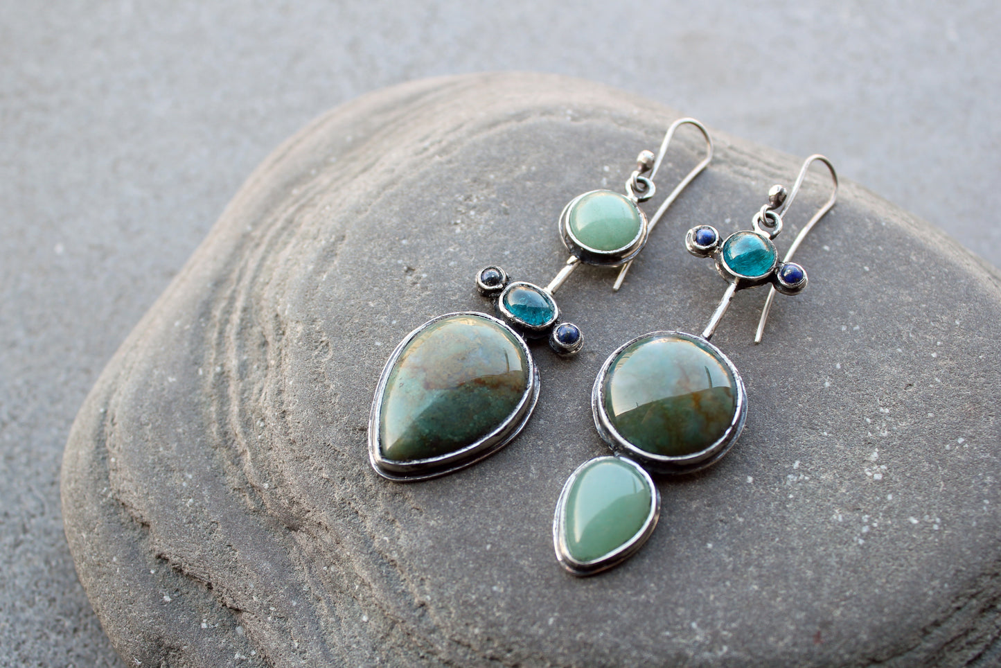 Asymmetrical long earrings Armenian sterling silver with natural jasper, green agate, blue apatite and lapis lazuli, artisan, silversmith