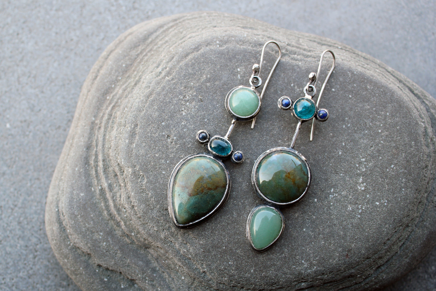 Asymmetrical long earrings Armenian sterling silver with natural jasper, green agate, blue apatite and lapis lazuli, artisan, silversmith