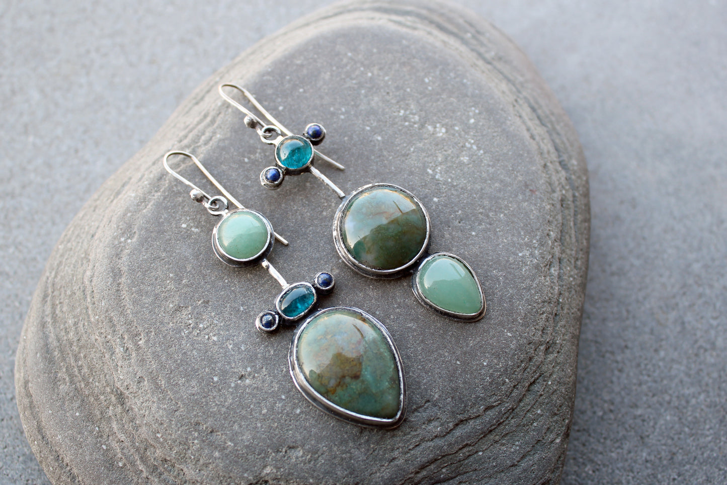 Asymmetrical long earrings Armenian sterling silver with natural jasper, green agate, blue apatite and lapis lazuli, artisan, silversmith