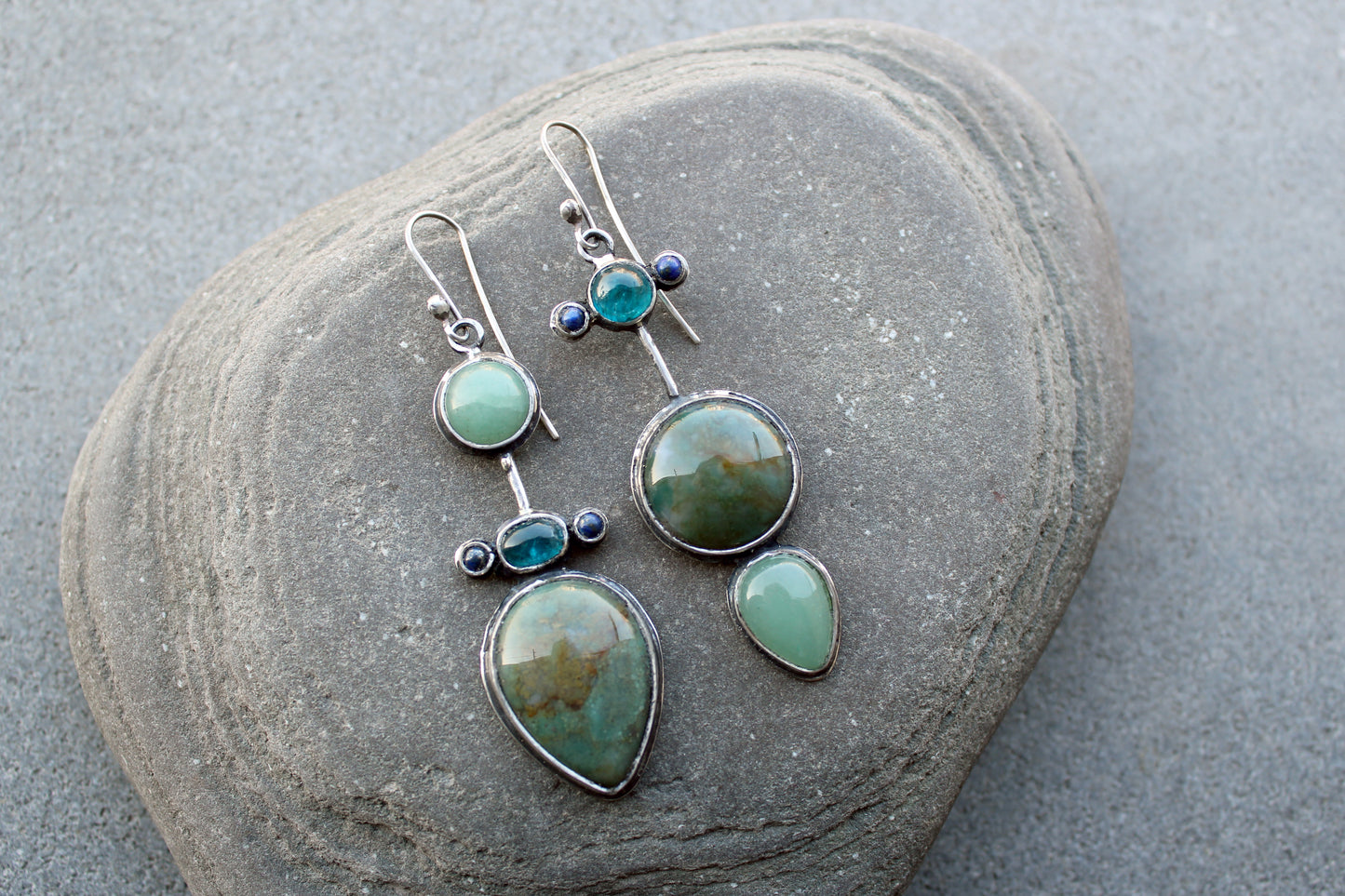 Asymmetrical long earrings Armenian sterling silver with natural jasper, green agate, blue apatite and lapis lazuli, artisan, silversmith