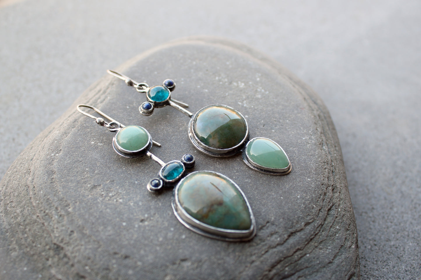 Asymmetrical long earrings Armenian sterling silver with natural jasper, green agate, blue apatite and lapis lazuli, artisan, silversmith