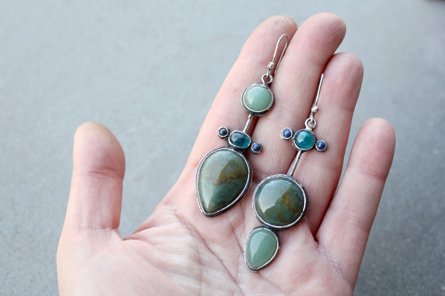 Asymmetrical long earrings Armenian sterling silver with natural jasper, green agate, blue apatite and lapis lazuli, artisan, silversmith