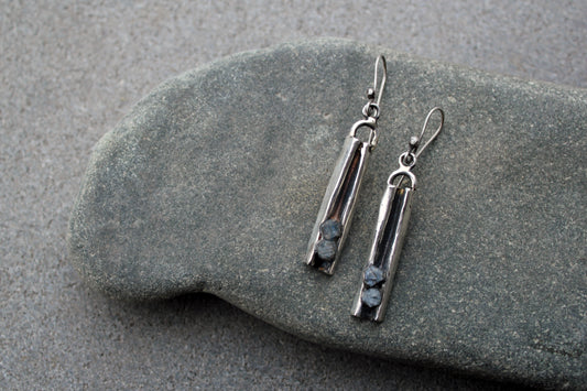 Sterling silver Armenian artisan silversmith earrings with natural rough sapphires
