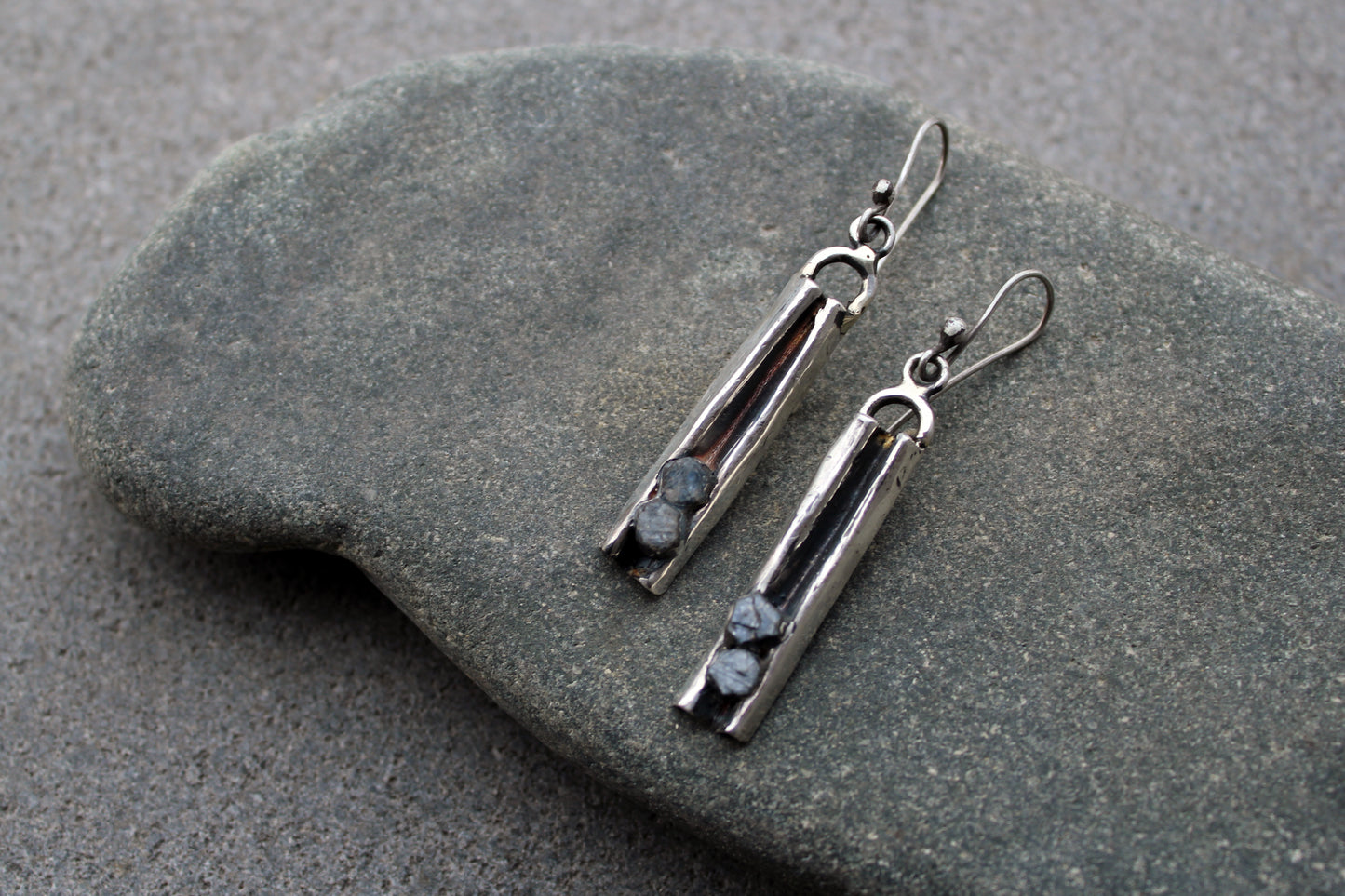 Sterling silver Armenian artisan silversmith earrings with natural rough sapphires