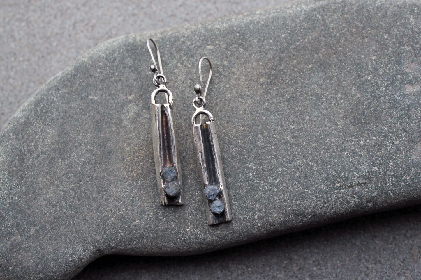 Sterling silver Armenian artisan silversmith earrings with natural rough sapphires