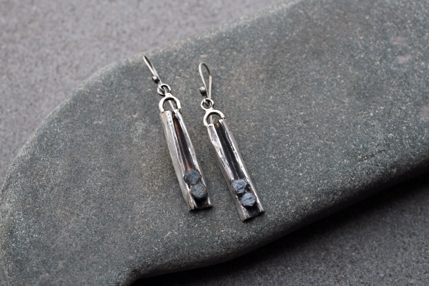 Sterling silver Armenian artisan silversmith earrings with natural rough sapphires