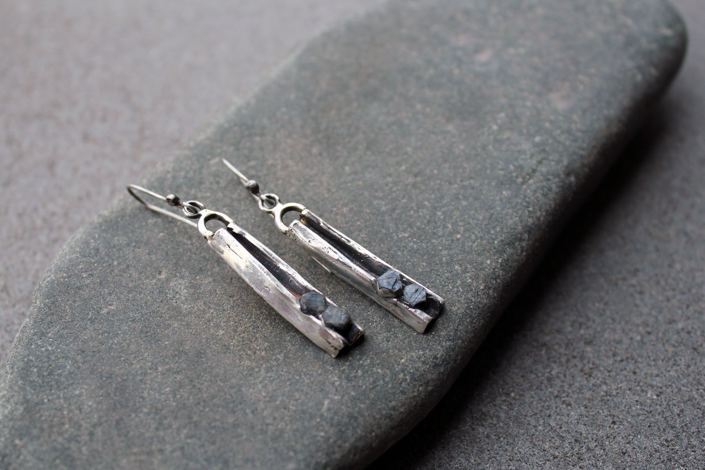 Sterling silver Armenian artisan silversmith earrings with natural rough sapphires