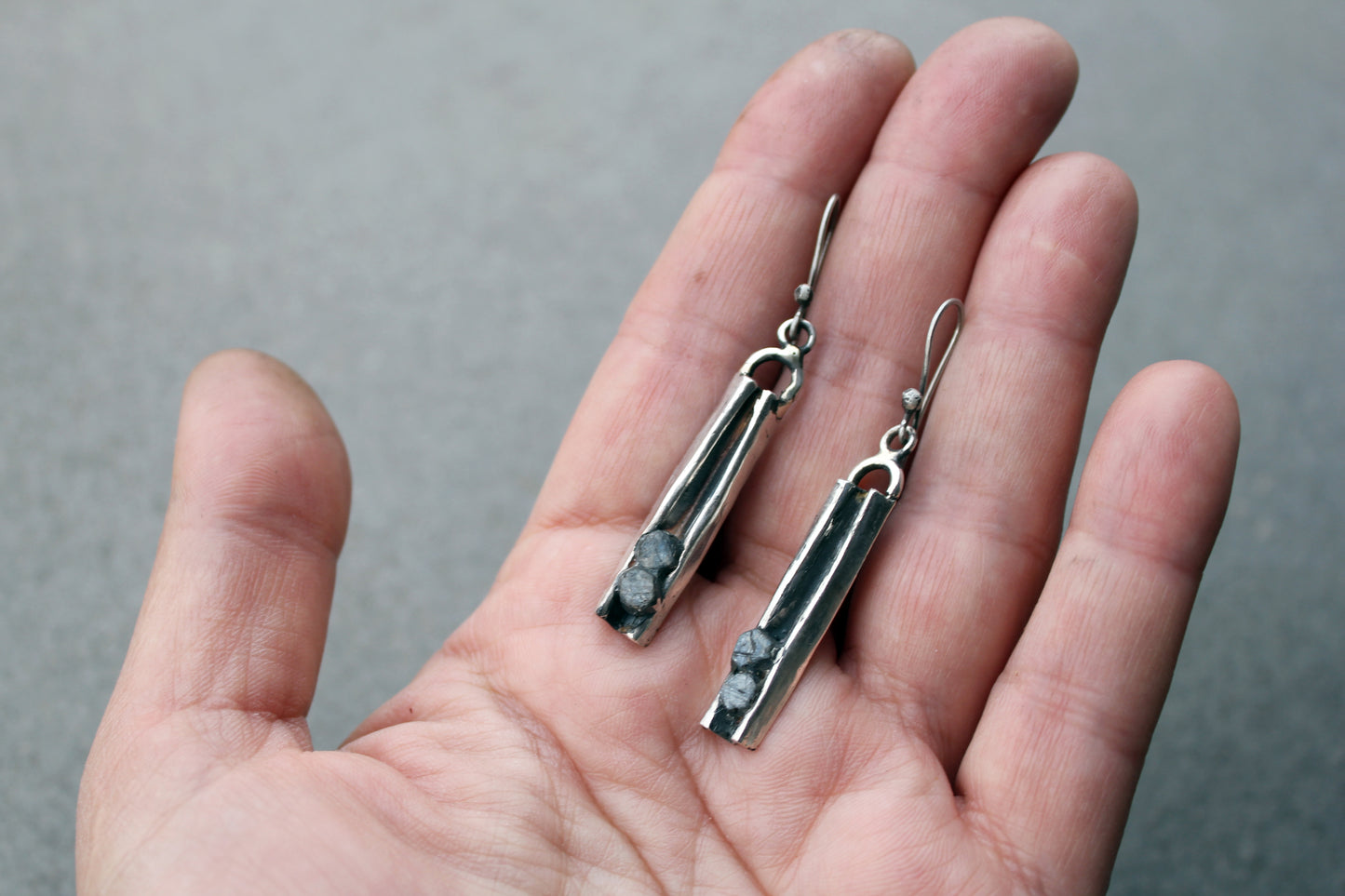 Sterling silver Armenian artisan silversmith earrings with natural rough sapphires