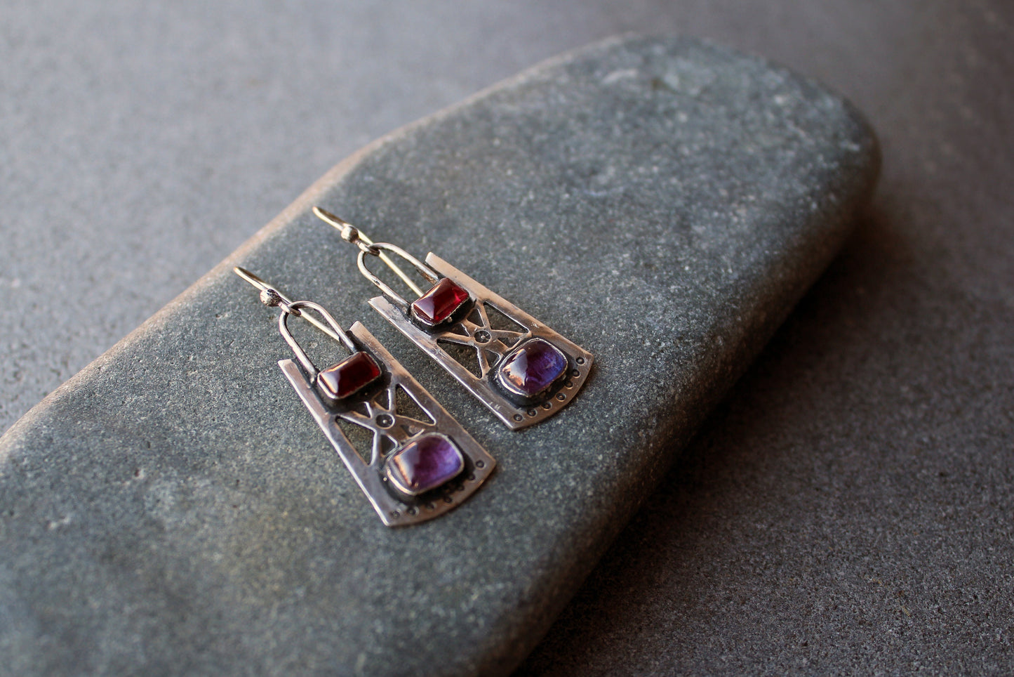 Sterling silver stamped oxidized metalsmith earrings with dark pink and purple corundum, Armenian, rustic, silversmith, artisan, for her