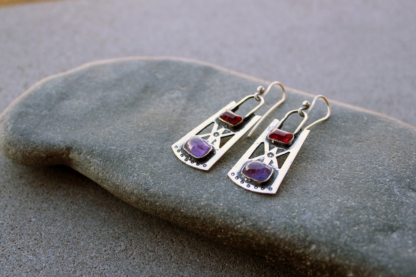 Sterling silver stamped oxidized metalsmith earrings with dark pink and purple corundum, Armenian, rustic, silversmith, artisan, for her