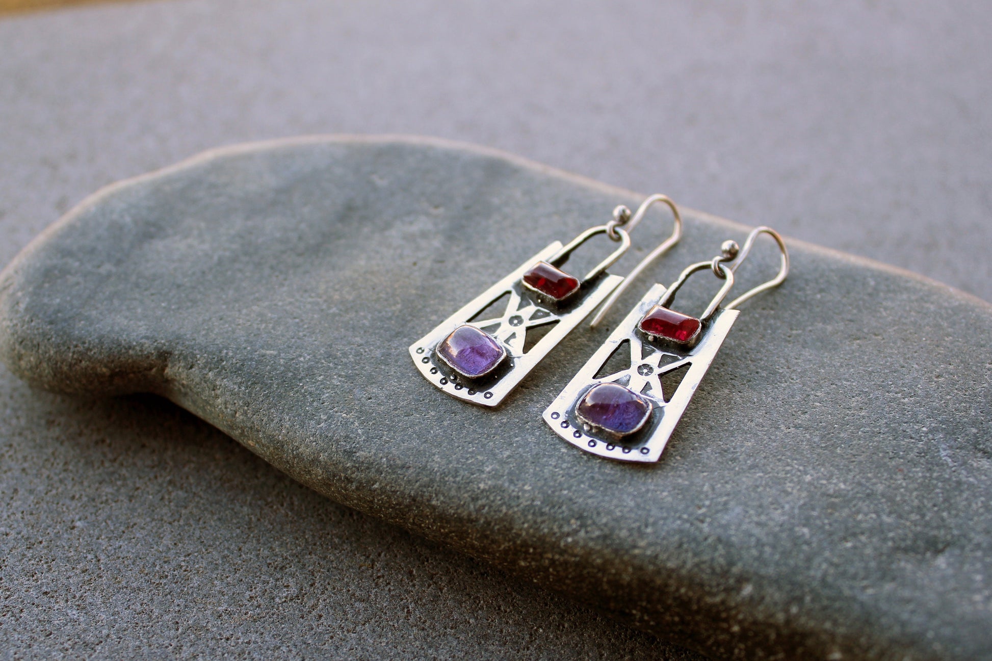 Sterling silver stamped oxidized metalsmith earrings with dark pink and purple corundum, Armenian, rustic, silversmith, artisan, for her