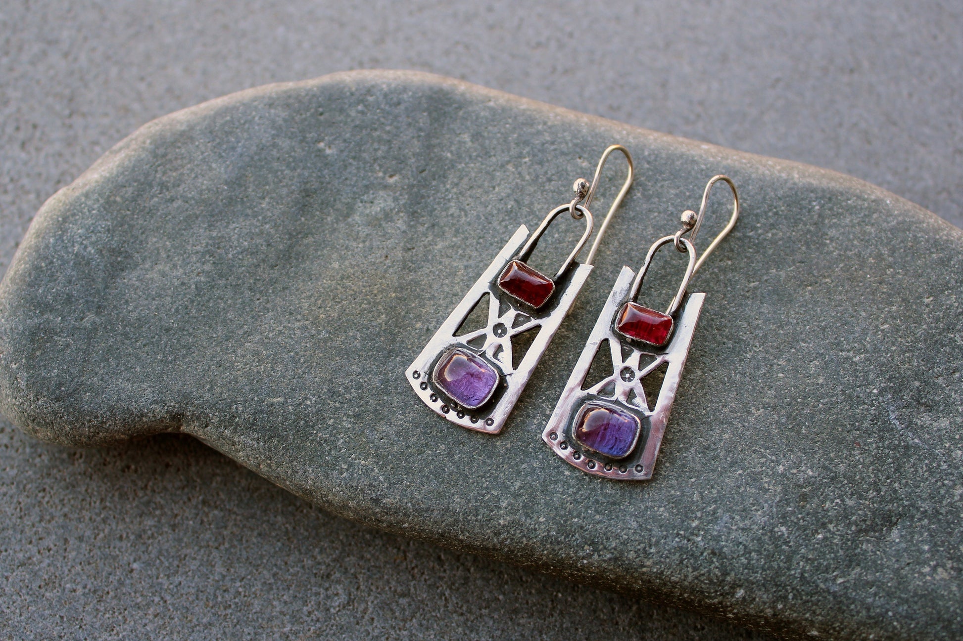 Sterling silver stamped oxidized metalsmith earrings with dark pink and purple corundum, Armenian, rustic, silversmith, artisan, for her