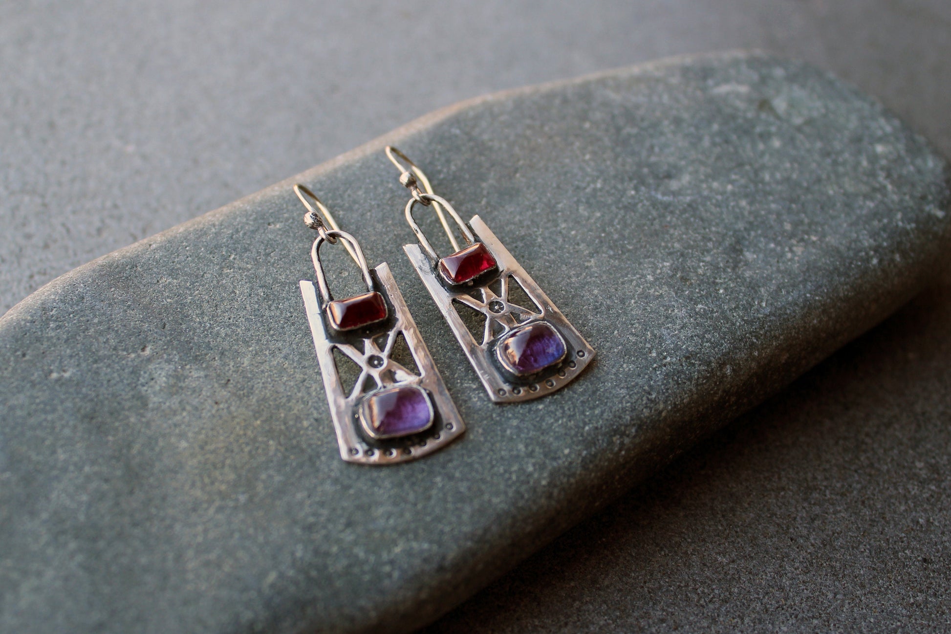 Sterling silver stamped oxidized metalsmith earrings with dark pink and purple corundum, Armenian, rustic, silversmith, artisan, for her