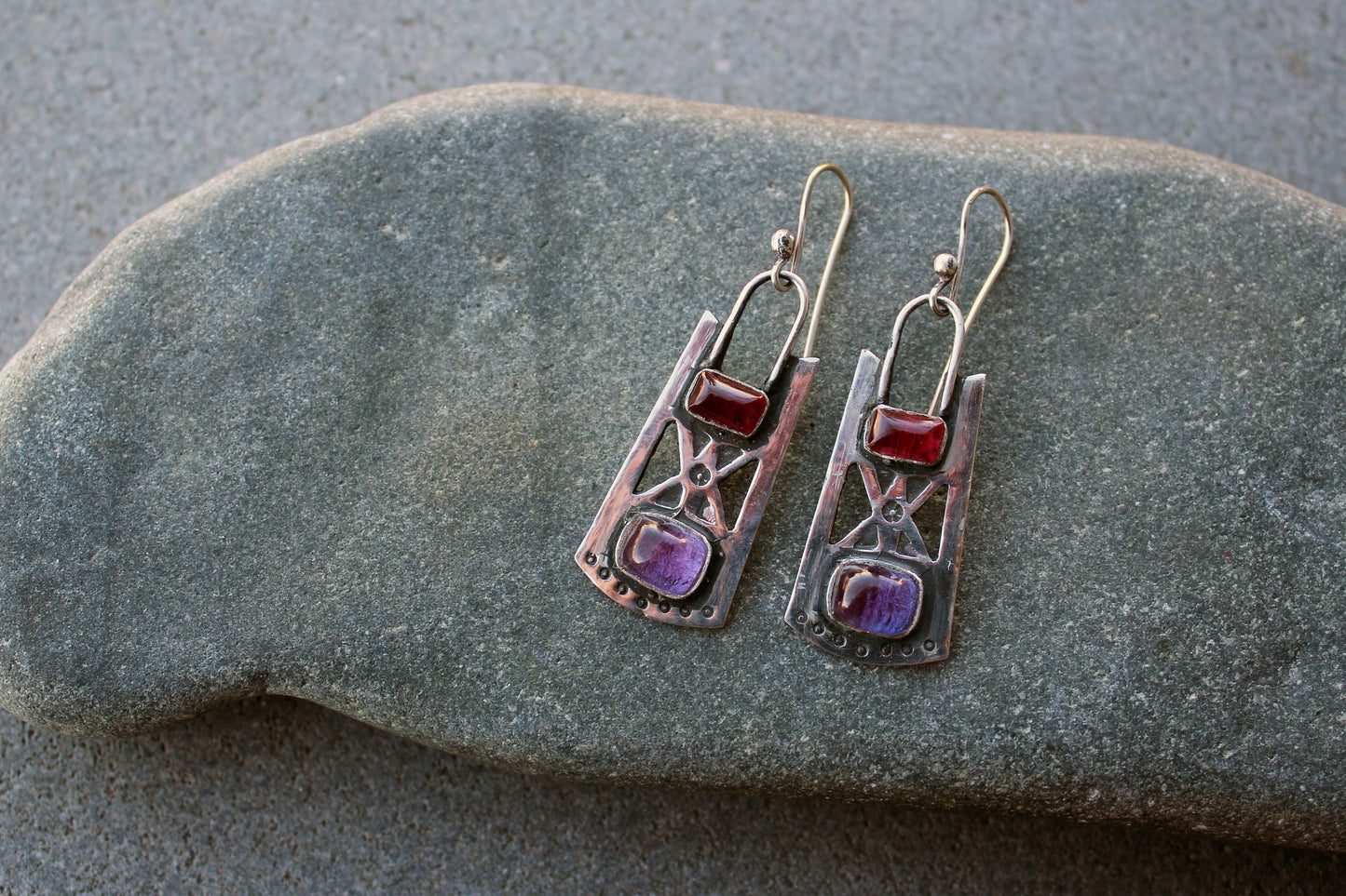 Sterling silver stamped oxidized metalsmith earrings with dark pink and purple corundum, Armenian, rustic, silversmith, artisan, for her