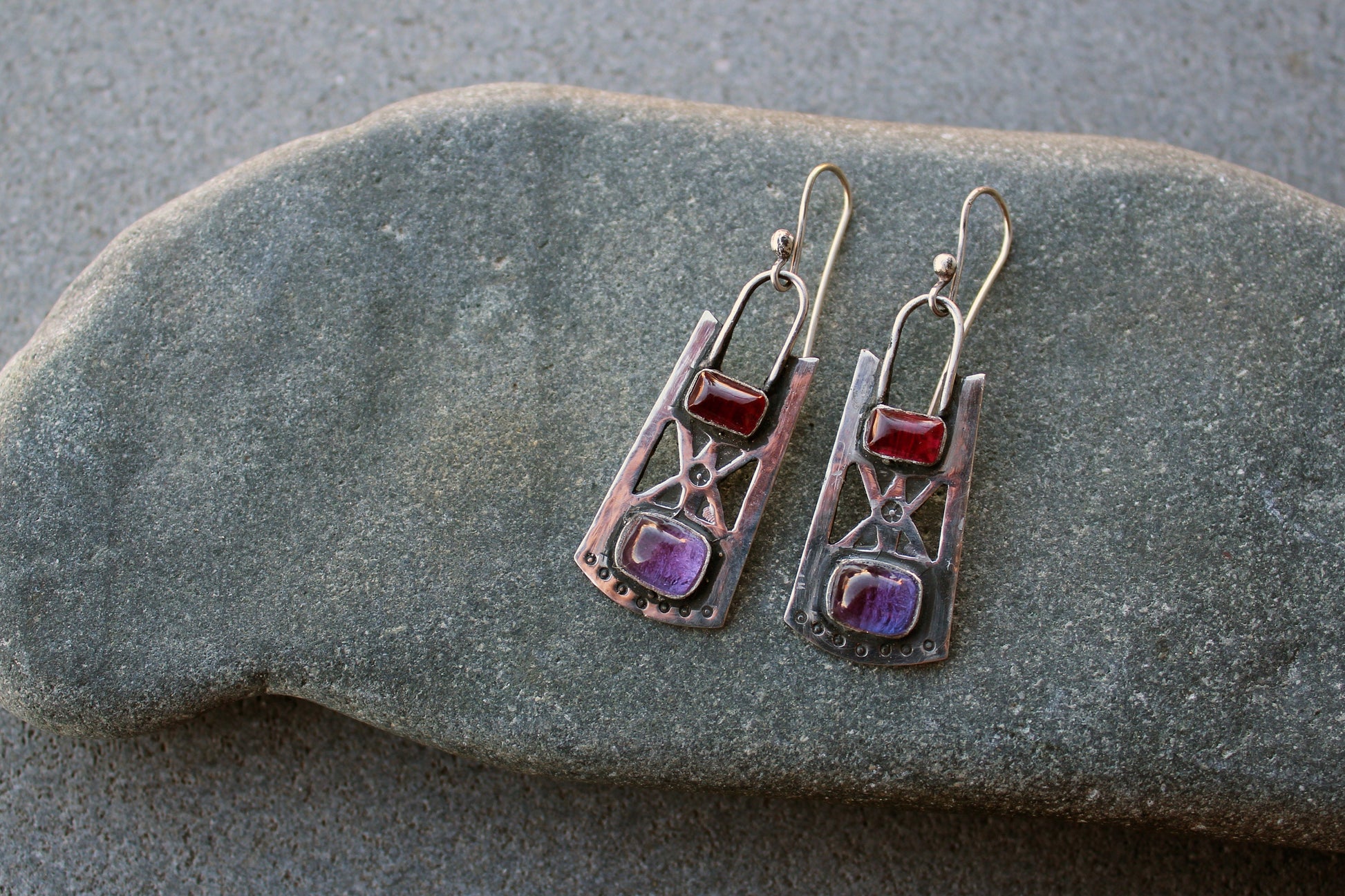 Sterling silver stamped oxidized metalsmith earrings with dark pink and purple corundum, Armenian, rustic, silversmith, artisan, for her