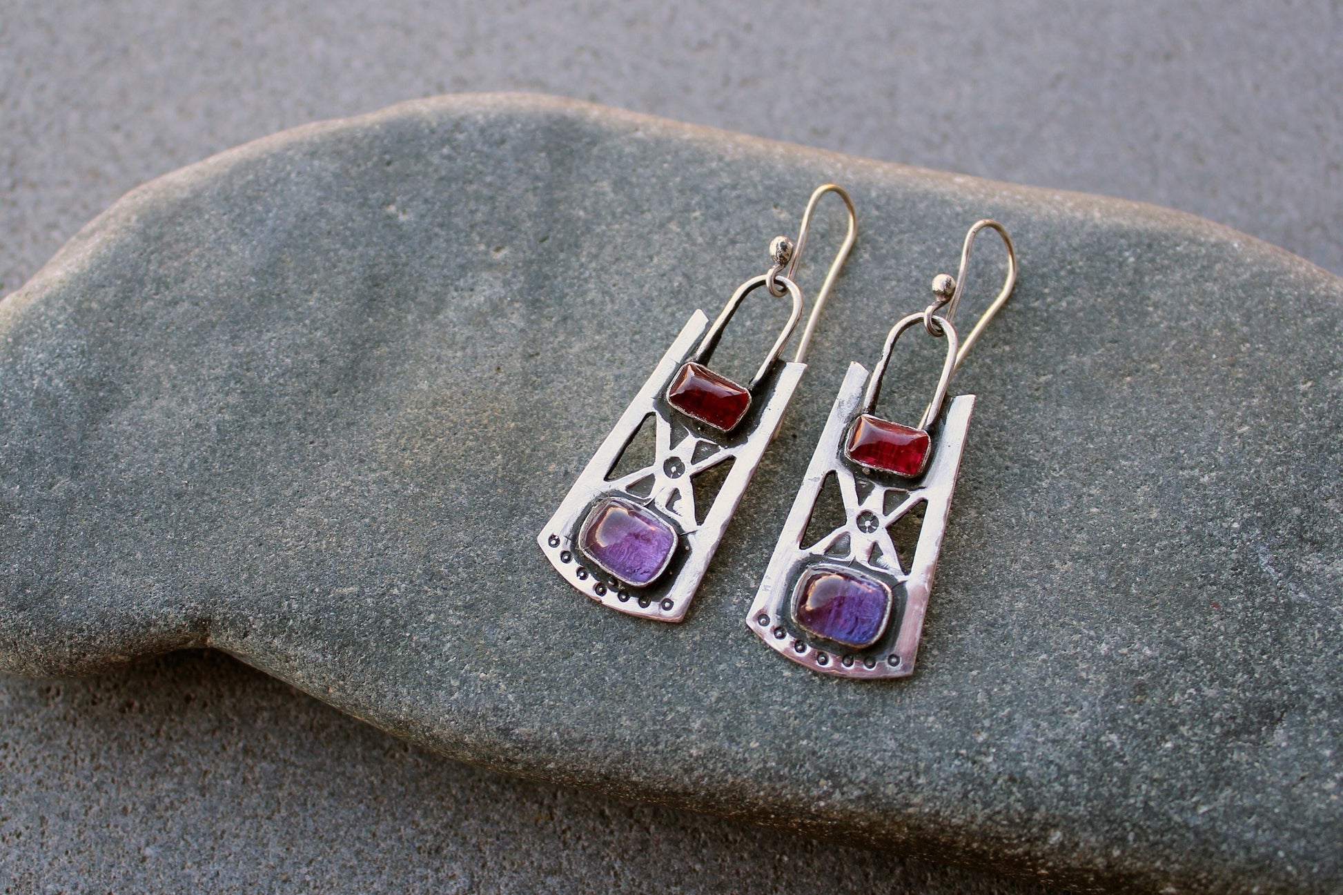 Sterling silver stamped oxidized metalsmith earrings with dark pink and purple corundum, Armenian, rustic, silversmith, artisan, for her